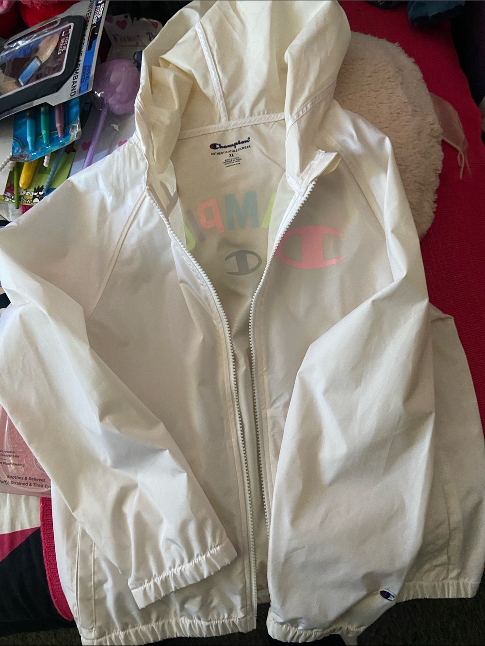 Champion White Girls' Hooded Rain Jacket with Subtle Logo